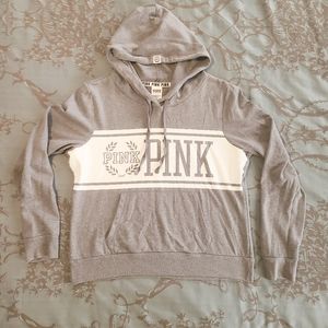 Victoria's Secret PINK Gray White Pullover Sweatshirt Hoodie Size Large
